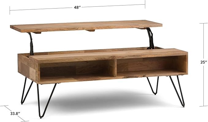 SIMPLIHOME Hunter Lift Top Coffee Table - 48 inch Wide Solid Mango Wood and Metal Industrial Cocktail Table in Natural, Functional Living Room Table with 2 Storage Cubbies and Hairpin Legs