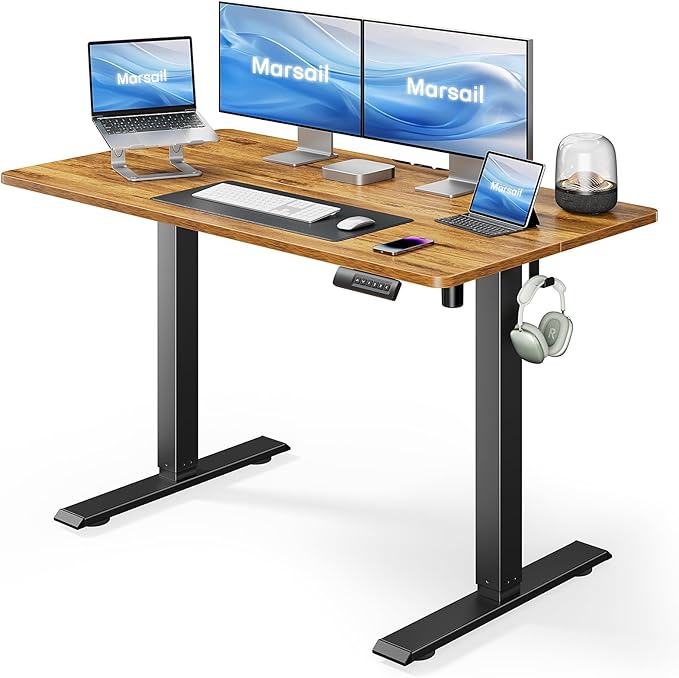 Marsail Standing Desk Adjustable Height Stand up Home Office Desk, 48x24 Inch Electric Standing Computer Desk, with 4 Memory Presets, Headphone Hook,Cable Organizer, Rustic Brown