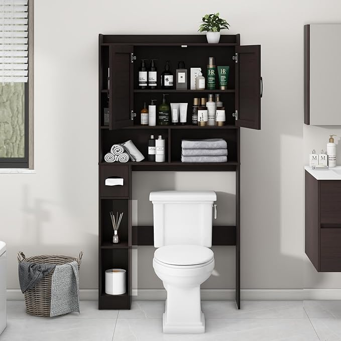 Vabches Over The Toilet Storage Cabinet, Farmhouse Storage Cabinet Over Toilet with 2 Barn Door & Toilet Paper Holder Stand,Home Space-Saving Toilet Rack, for Bathroom, Restroom, Laundry