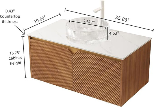 36 Inch Floating Bathroom Vanity with Vessel Sink, Fluted Modern Cabinet with 2 Doors, Glass Vessel Ceramic Sink & Sintered Stone Top, Oak