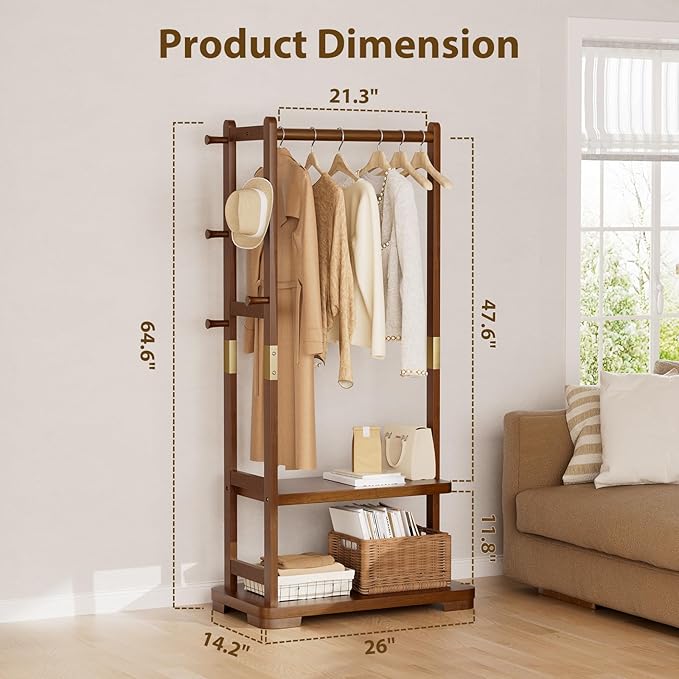 Solid Wood Clothes Rack with 2 Shelves & 4 Hooks for Hanging Clothes Garment Wallets Hats, Clothing Rack Heavy Duty Coat Rack Freestanding with Storage Hall Tree for Hallway Bedroom Living Room