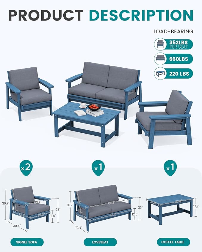 SERWALL 4 Piece HDPE Outdoor Furniture Set, All Weather Wood-Like Outdoor Sofa Sectional Couch, Blue Patio Furniture Set with Grey Cushions