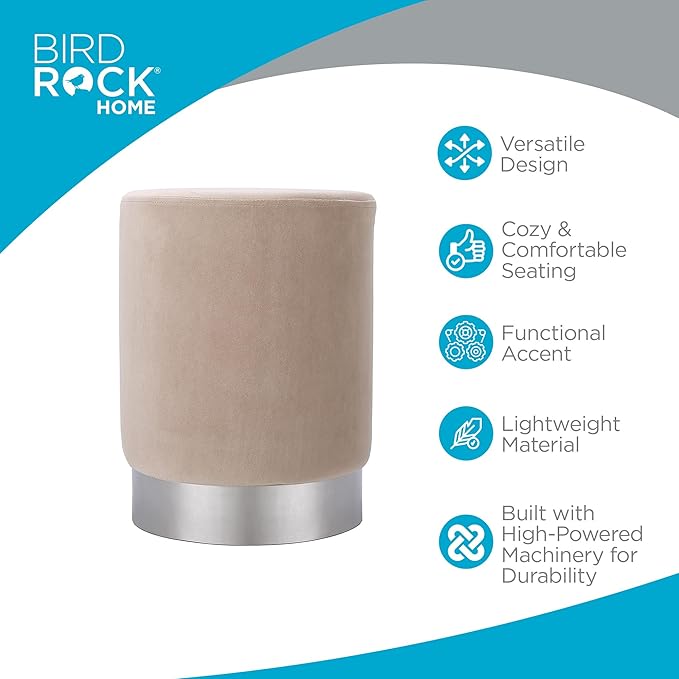 BIRDROCK HOME Round Ottoman Foot Stool – Soft Padded Modern Stool Design – Ideal for Living Room, Bedroom – Compact Footrest, Vanity Chair, Small Furniture – Foam Seating, Decorative Accent (Taupe)