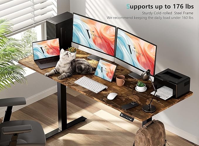 48 x 24 inch Electric Standing Desk Adjustable Height with 4 Wheels, 4 Memory Height Settings, 2 Headphone Hook, for Home Office, Splice Board Brown