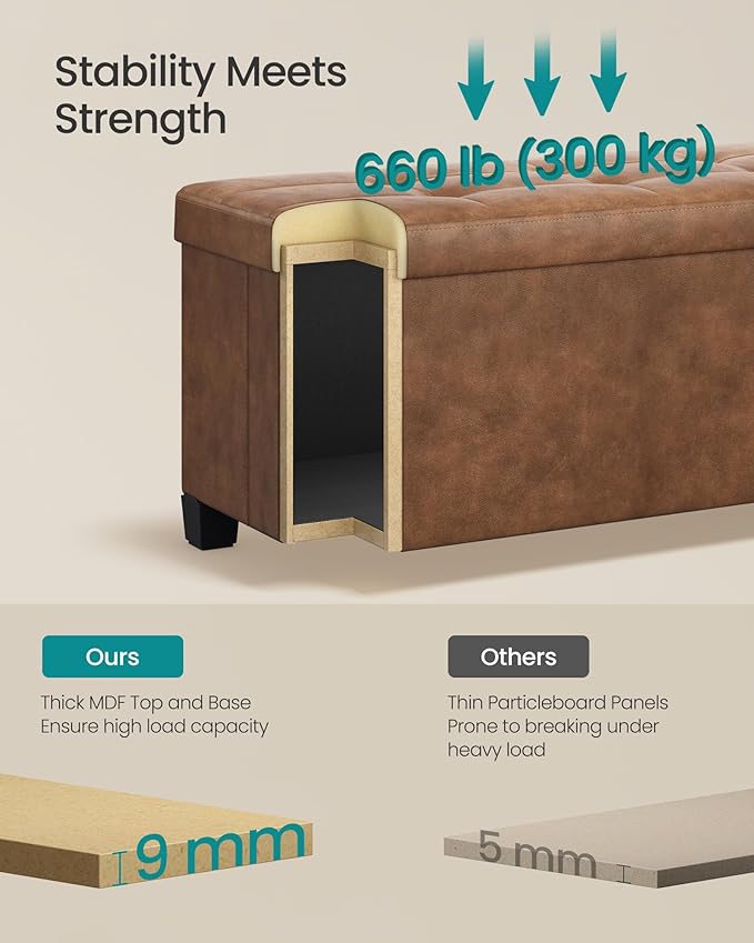 SONGMICS Storage Ottoman, Storage Bench with Legs,15 x 43 x 15.7 Inches, Ottoman Bench, 30 Gal. (112 L), Synthetic Leather, for Living Room, Entryway, Coffee Brown ULSF0514K03