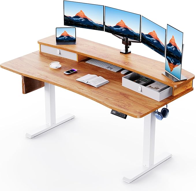 HUANUO 60″ x 30″ Electric Standing Desk with 2 Drawers, C-Clamp Mount Compatible, Height Adjustable, Home Office Stand Up Computer Desk with 4 Preset Heights & 2 Hooks, Light Vintage