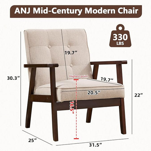 ANJ Mid Century Modern Accent Chairs Set of 2, Tufted Fabric Armchair with Solid Wood Frame, Comfy Retro Side Chair Reading Chair for Living Room, Bedroom,Beige