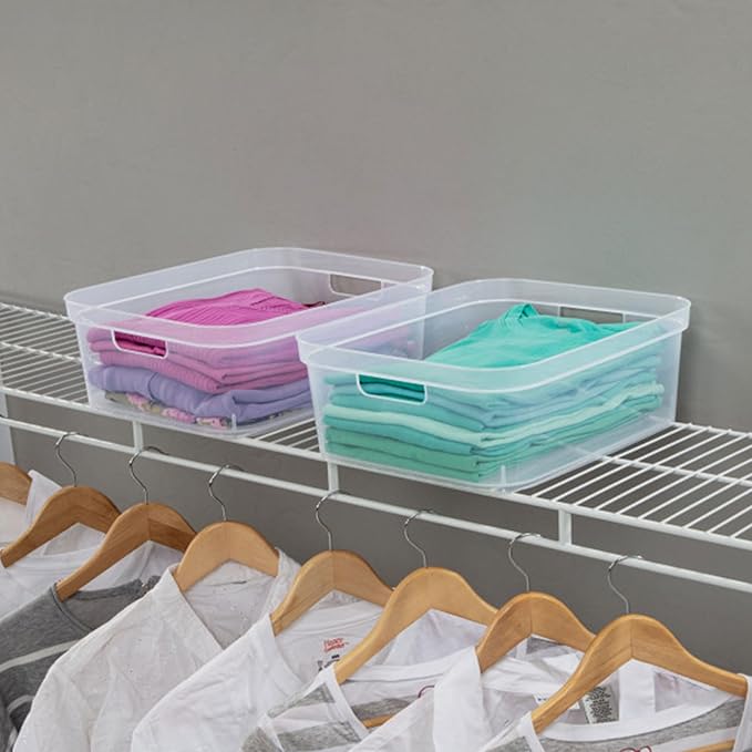 Sterilite 5.25 x 12.25 x 15 Inch Medium Modern Storage Bin w/Comfortable Carry Through Handles & Banded Rim for Household Organization, Clear 8 Pack