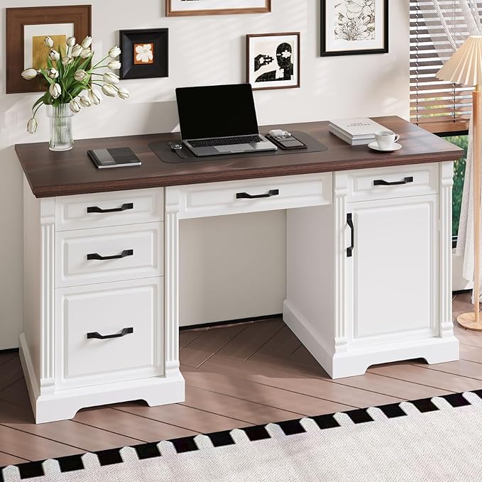 59" W Large Executive Desk, Modern Computer Desk with 5 Drawers & File Cabinet, Rustic Computer Table with Storage, Farmhouse Study Table for Home Office, Living Room, White and Brown
