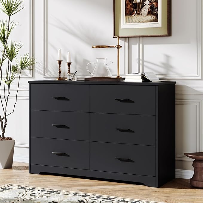 LIDYUK Black Dresser for Bedroom, 6 Drawer Dressers & Chests of Drawers, Modern Wood Dresser, 48 Inches Wide Chest of Drawers for Bedroom, Hallway, Living Room