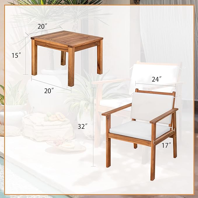 Devoko Patio Set 3 Piece Acacia Wood Outdoor Furniture Conversation Seat with Table & Cushions Porch Chairs for Balcony, Deck, Backyard