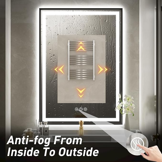 24x32 Inch LED Bathroom Mirror with Lights, Frontlit & Backlit Black Metal Frame Mirror, Wall Mounted Lighted Vanity Mirrors, Double Lights Strips,Anti Fog Dimmable & 3 Colors Temperature