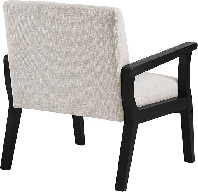 Mid Century Modern Accent Chair Set of 2, Linen Upholstered Living Room Accent Armchair with Black Wood Frame, Farmhouse Chair Indoor Corner Chair for Living Room Bedroom, Beige