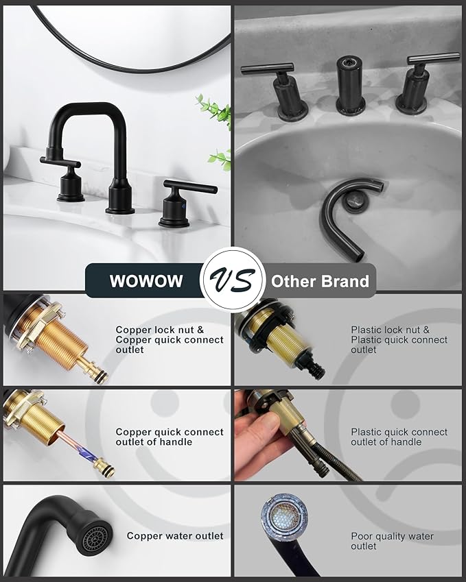 3 Hole Bathroom Faucet Black: WOWOW 8 Inch Bathroom Sink Faucet Widespread, Two Handle Vanity Taps with Pop-up Drain and Supply Lines, 360 Swivel Lavatory Tap High Arc Modern (2 Sets)