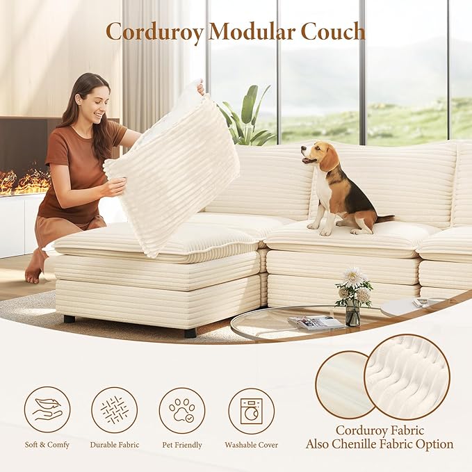 Vesgantti 142" Oversized Sectional Sofa Bed, 8-Seater Modular Sleeper Cloud Couch with Movable Ottoman, Corduroy Convertible Sofa Set Deep Seat Couches for Living Room, Bedroom and Apartment, Beige