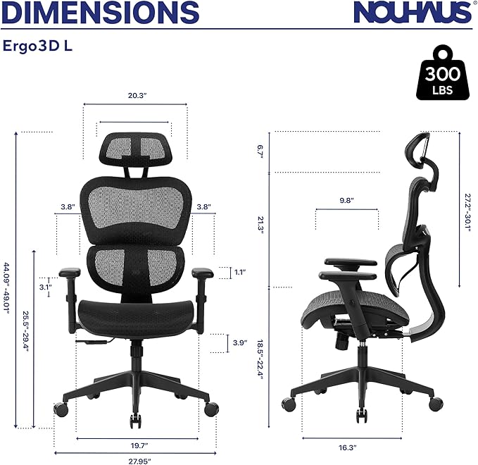 Nouhaus Ergo3dL Home Office Desk Chairs Ergonomic Office Chair High-Back Mesh Rolling Work Chairs with Wheels and Adjustable Headrests Comfortable Lumbar Support Adjustable Armrests