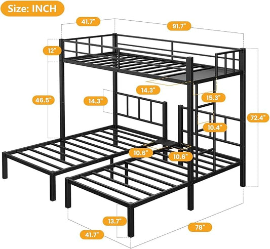 Heavy Duty Triple Bunk Bed, Twin Over Twin Over Twin with Guardrails and Ladder, Metal Bunk Bed for 3, 3 Bed Teens and Adults, No Box Spring Needed, Black