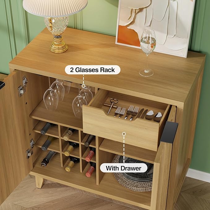 Fluted Coffee Bar Cabinet with Storage, Modern Sideboard Buffet Cabinet with Removable Wine Rack, Drawer, Adjustable Shelf, Natural Liquor Cabinets for Living Room, Dining Room, Kitchen, Entryway