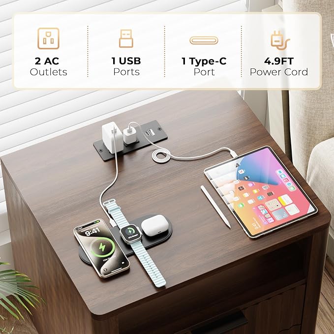 Fluted Nightstand with Charging Station, 2 Drawers Storage Bedside Table, Solid Wood Modern Nightstand with Open Shelf, Curved Profile Design, End Table for Indoor Room Bedroom Office, Walnut