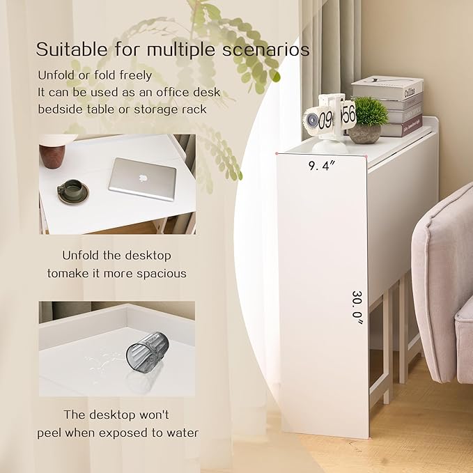 Folding Table with Storage Shelf,32.7 Inch Foldable Computer Desk for Small Spaces,Small Writing Desk for Bedroom Home Office Dorm and Apartment (White)
