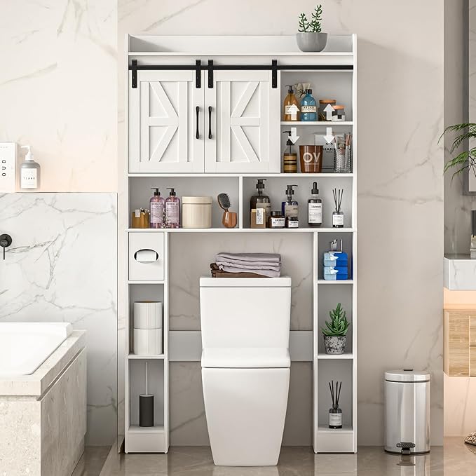 Farmhouse Storage Cabinet Over Toilet with Sliding Doors,Over The Toilet Storage Cabinet, Home Space-Saving Toilet Rack, for Bathroom, Restroom, Laundry.