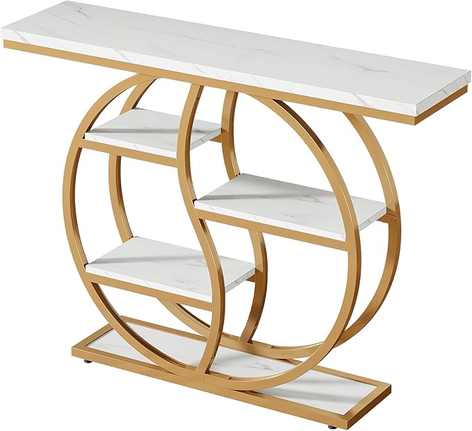 Tribesigns 47.24" Industrial Console Table, 5-Tier Entryway Table with Adjustable Feet, Narrow Long Sofa Table with Storage Shelves for Living Room, Hallway, Behind Couch, Anti-Tip Design (White Gold)