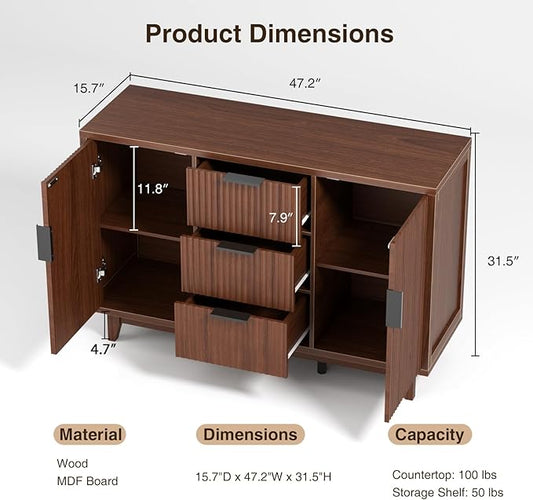 47.2" W Storage Cabinet with 3 Drawers, Fluted Buffet Cabinet with Storage, Large Sideboard with 2 Door, Modern Mid Century TV Stand Coffee Bar Cabinets for Living Room, Kitchen, Entryway