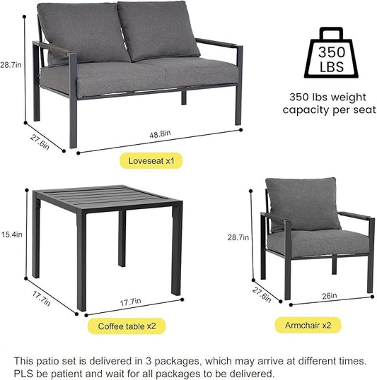 Metal Patio Furniture Set with 51inch Grey Fire Pit Table, 6-Piece Modern Outdoor Conversation Set with 6-Inch Thick Cushions, Outdoor Furniture Set for Garden, Backyard, Balcony, Poolside (Dark Grey)