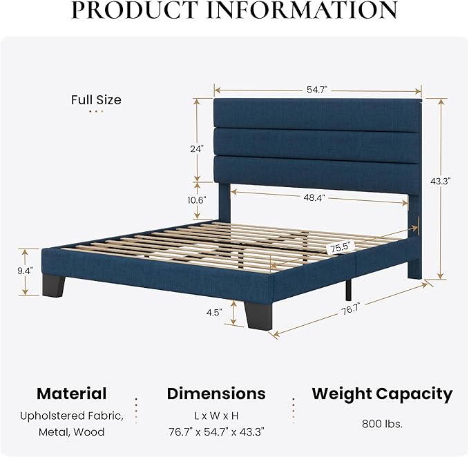 SHA CERLIN Full Platform Bed Frame with Upholstered Fabric Headboard, Mattress Foundation with Strong Wooden Slats Support, No Box Spring Needed, Blue