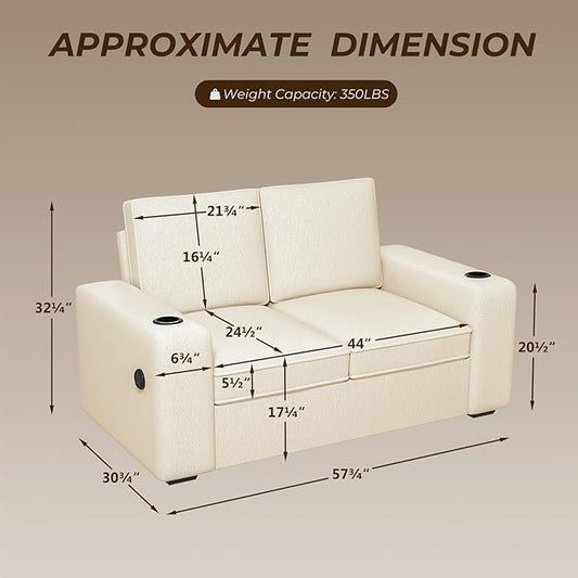 Furnimart 58" Wide Plush Loveseat, 2-Seater Sofa with Dual-Port USB Charger & Cup Holders, Terry Fabric, Modern Accent Couch for Small Spaces, Apartment, Living Room(Terry-Beige)