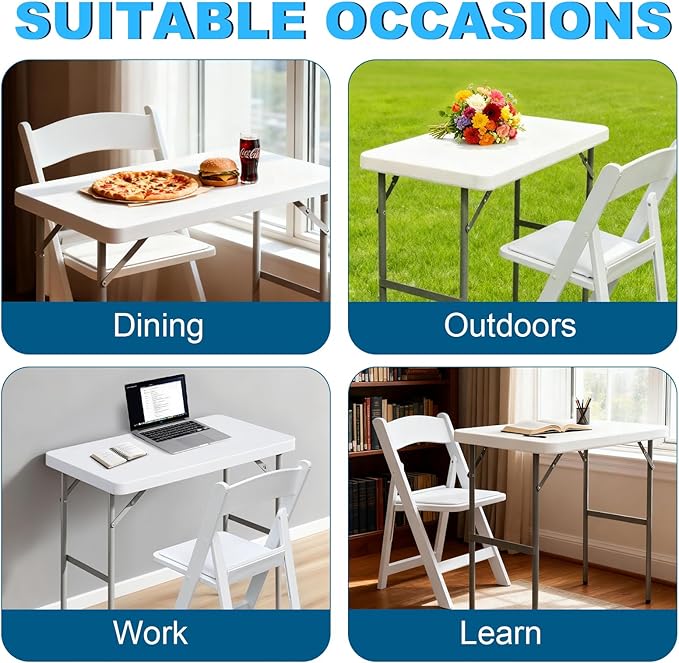 Folding Table Rectangular All-Occasion Plastic Folding Event Table for Indoor and Outdoor, Portable Desk, Camping, Durable and Stable, HDPE and Steel (White, 2.7ft + 1 Chair)