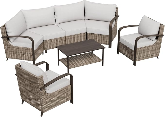 COOS BAY Aurora Terrace Half-Moon Outdoor Furniture Set, Rattan Conversation Set with Patio Chairs, Curved 4-Seat Sofa, Coffee Table, Seats 6, Beige/Beige