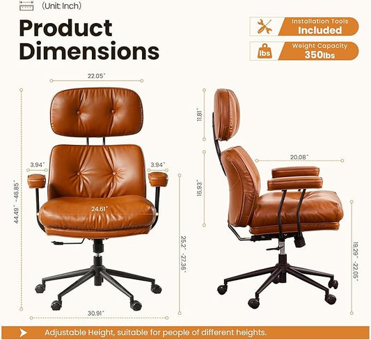 Home Office Desk Chair, Mid-Century Modern Office Chair with Adjustable Lumbar Support, Thickened Cushion Executive Desk Chair with 360 Rolling Swivel for Meeting Game Study Room(Brown)
