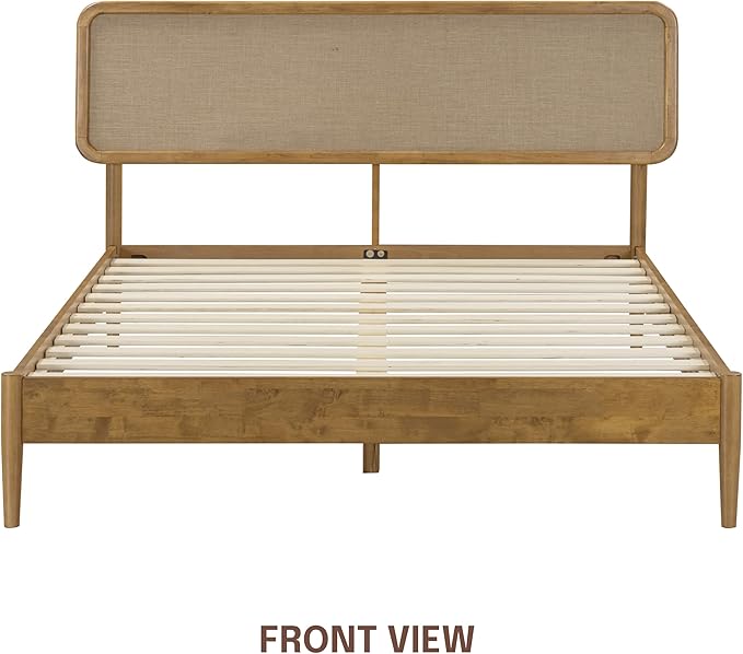 NTC Lupin Wooden Bed Frame with Headboard, Solid Oak and Rubber Wood Foundation with Silent Slats and Wood Central Supports, 1000 Lb Capacity, Queen - Teak Look