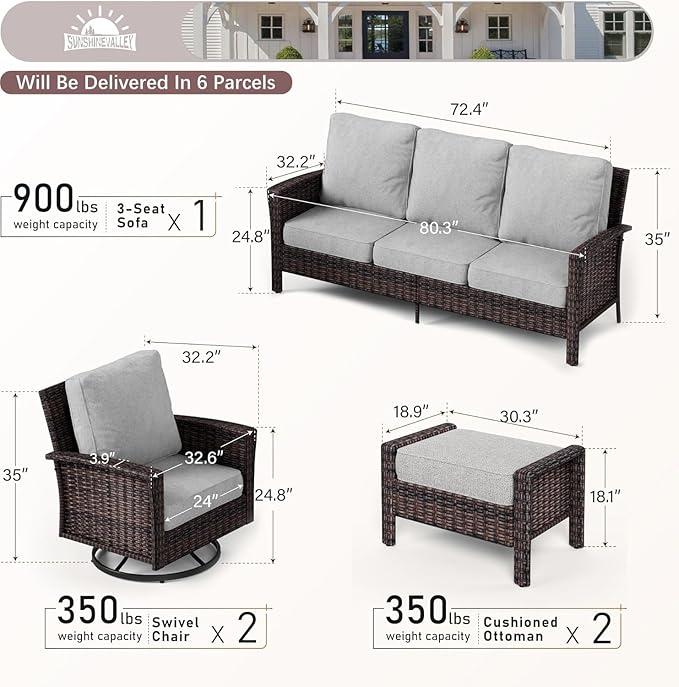 5 Pieces Patio Furniture Set with Swivel Chairs, High Back Wicker Rattan Sofa with Extra Thick Cushion and Ottoman, Outdoor Conversation Set for Garden Backyard Deck, Grey