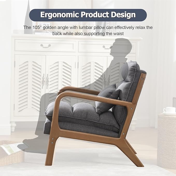 INZOY Mid Century Modern Accent Chair with Wood Frame, Upholstered Reading Armchair with Waist Cushion, Double Padded Accent Chair, Side Chair for Living Room Bedroom Office, Easy Assembly, Grey