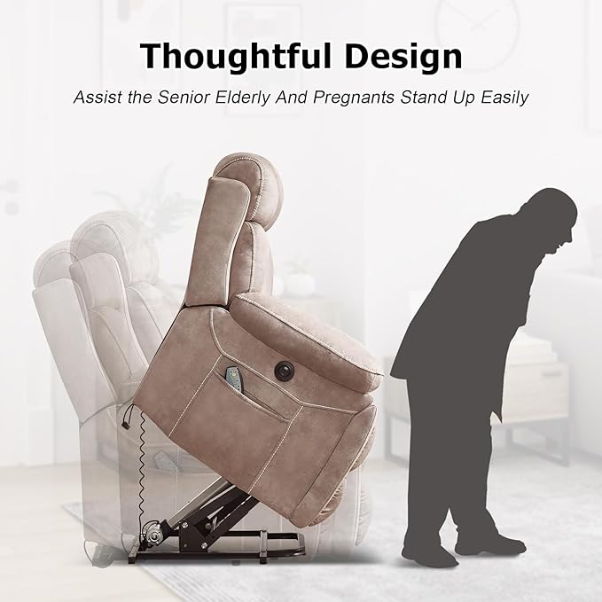 Large Power Lift Recliner Chair with Massage and Heat for Elderly, Wide Padded Recliner with 2 Cup Holders, Side Pocket & USB Charger (1, Khaki)