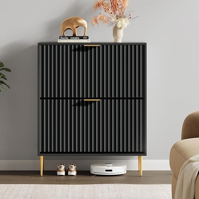 SICOTAS Fluted Shoe Cabinet Storage for Entryway with 2 Flip Drawers-11.8" Deep Freestanding Shoe Organizer Cabinet with 6-Tier Shelves, Large 20 Pairs Shoes Rack Cabinet for Foyer Hallway, Black