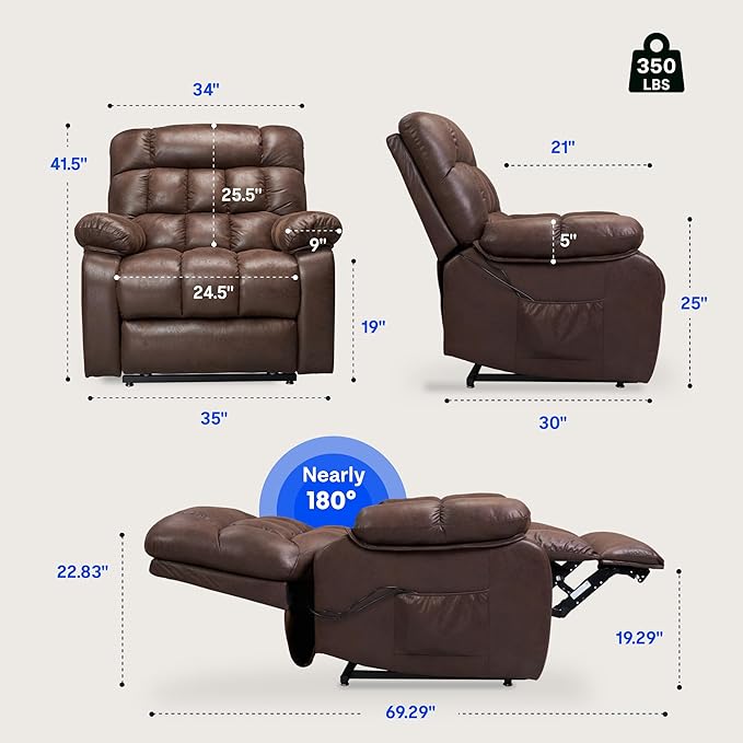 FLEXISPOT XL51 Dual OKIN Motor Power Lift Recliner Chair for Elderly, Lay Flat Sleeper Recliner with Massage & Heat, USB Ports, Faux Leather Reclining Sofa for Living Room Bedroom(Extra Large, Brown)
