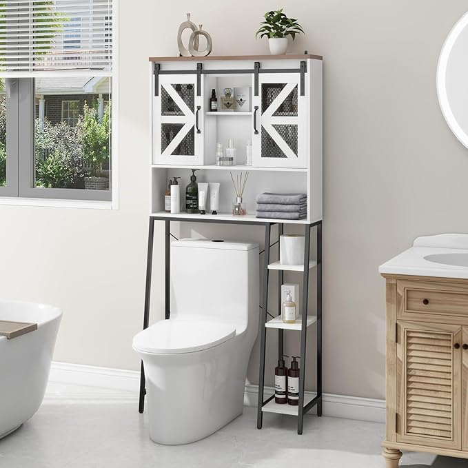 Vabches Over The Toilet Storage Cabinet, Farmhouse Storage Cabinet Over Toilet with Sliding Barn Door,Home Space-Saving Toilet Rack, for Bathroom, Restroom, Laundry