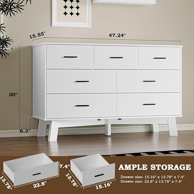 Dresser for Bedroom with 7-Drawer, 47.2" Wide Modern Chest of Drawers with Metal Handles, X-Shape Base & Adjustable Center Leg, Anti-Tip Closet Organizers and Storage