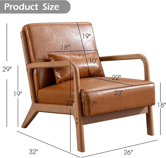 Accent Chair Mid Century Modern Chair PU Leather Living Room Chairs with Solid Wood Frame Comfy Upholstered and Lumbar Pillow Reading Side Chair Easy Assembly for Living Room Set of 2, PU Brown