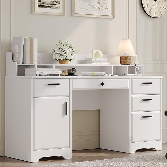 Executive Desk with Hutch, 58 Inch White Computer Desk with 5 Drawers, Home Office Desk with Storage, Rustic Desk with Adjustable Shelves and Storage Cabinet for Bedroom