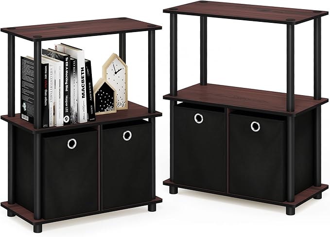 Furinno Go Green 3-Tier 2-Bins Multipurpose Storage Shelf, 2-Pack, Dark Cherry/Black