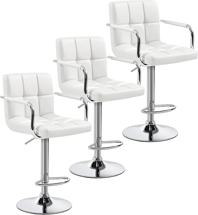 Yaheetech Bar Stools Set of 3, PU Leather Adjustable Barstools with Armrest, Counter Height Stool Chairs with Thickened Seat Cushion for Kitchen Island, White