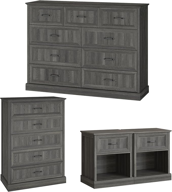 Farmhouse Dresser and Nightstand Sets, 4Pcs Bedroom Furniture Set, Nightstand Set of 2 & 55" Wide 9 Drawer and 44" Tall 5 Drawer Dresser with Large Drawers & Bar Handles, Grey