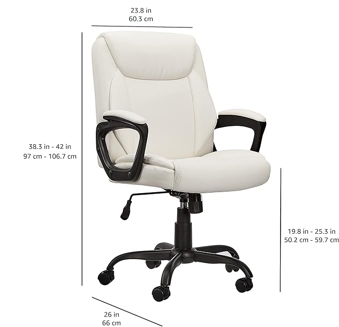 Amazon Basics Classic Puresoft PU Padded Mid-Back Height Adjustable Office Computer Desk Chair with Armrest, 26"D x 23.75"W x 42"H, Cream