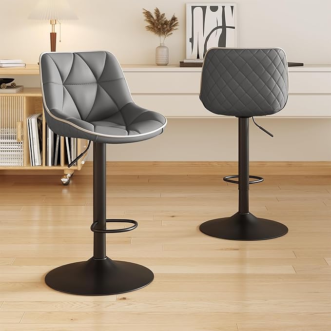 Nalupatio Bar Stools Set of 2, Adjustable Swivel Counter Height Bar Stools with Back, Armless Modern Barstools for Kitchen Island & Home Bar, Upholstered Seat,(Grey)