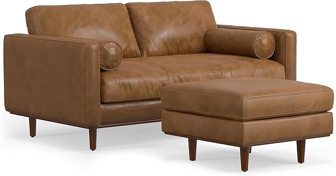 SIMPLIHOME Morrison Mid-Century Modern 72 inch Wide Sofa with Ottoman Set in Caramel Brown Genuine Leather for the Living Room and Family Room