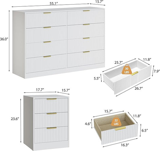 3-Piece Modern Bedroom Furniture Set, Wide 8-Drawer Dresser & 3-Drawer Nightstands Set of 2, Natural Wood Dresser and Nightstand Sets for Bedroom, Hallway, White